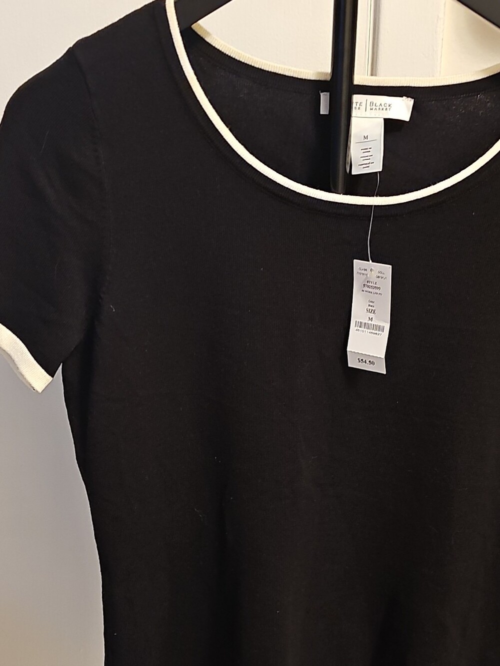 White House Black Market Black Short-Sleeve Scoop Neck Top with White Trim